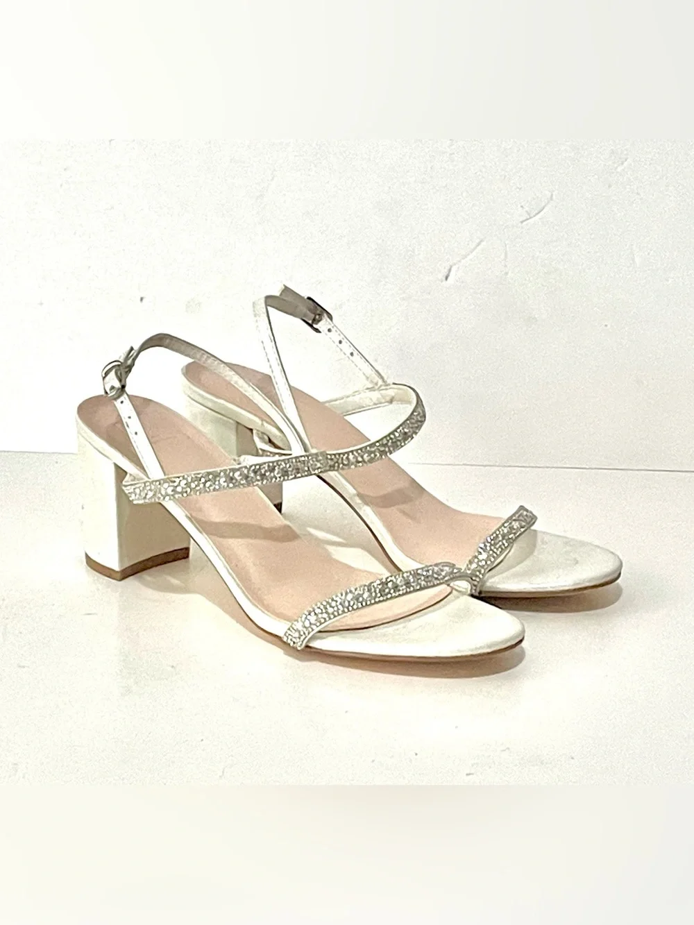 David's Bridal Two Strap Pearl and Crystal Block Heel Sandals 7.5